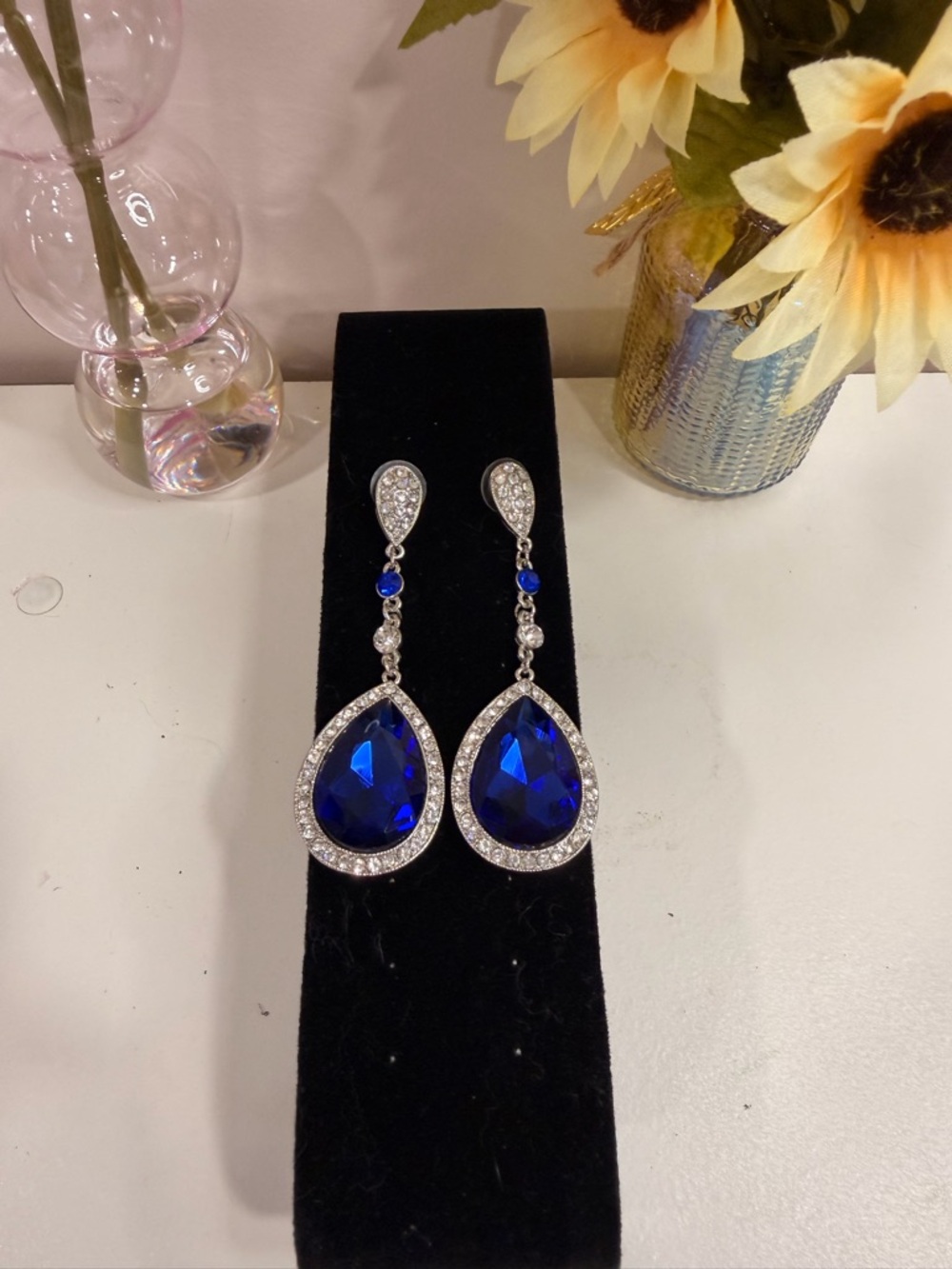 Crystal Teardrop Blue Dangle Earrings - Unbranded